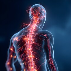 Human body with glowing red pain points on neural pathways illustrating pain or nerve stimulation, set against a dark blue background	