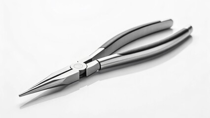 A sleek, modern pair of needle-nose pliers, made of polished metal, isolated on a clean white background. This image is perfect for illustrating precision tools, electronics repair