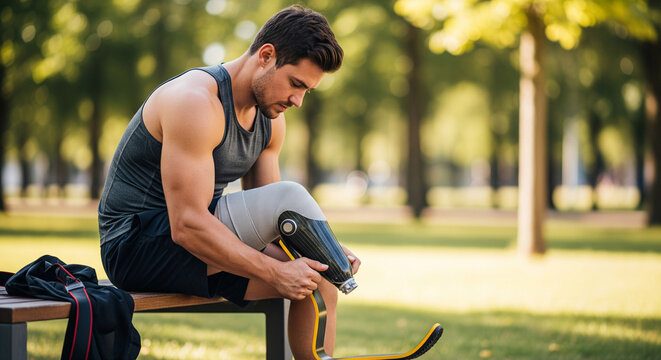 Photo of a disabled athlete sitting on a bench and putting on a prosthetic leg after training