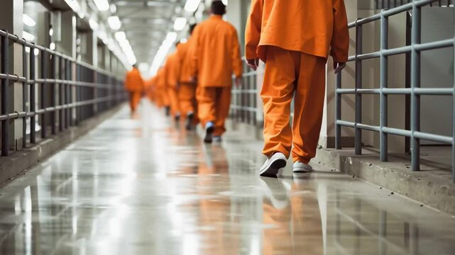 Prisoners legs in jail uniform walking along a corridor.
