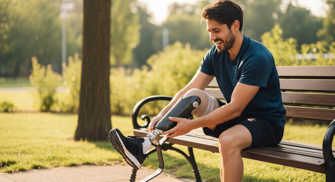Photo of a disabled athlete sitting on a bench and putting on a prosthetic leg after training