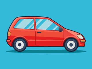 Obraz premium Stylized Red Compact Car Illustration on Blue Background Simple Automotive Design with Clean Lines and Cartoonish Appeal for Various Creative Projects