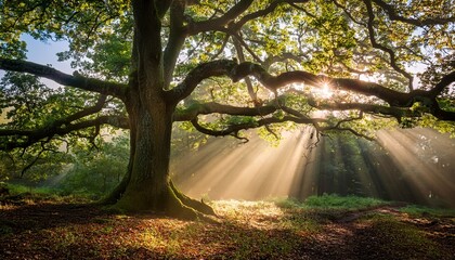 Obraz premium sunbeams illuminate a majestic oak tree in a misty forest