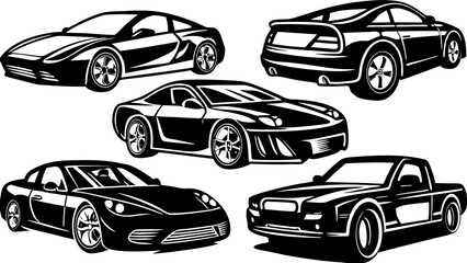 Black and White Vector Illustration of Various Sports Cars and a Pickup Truck Design Collection This