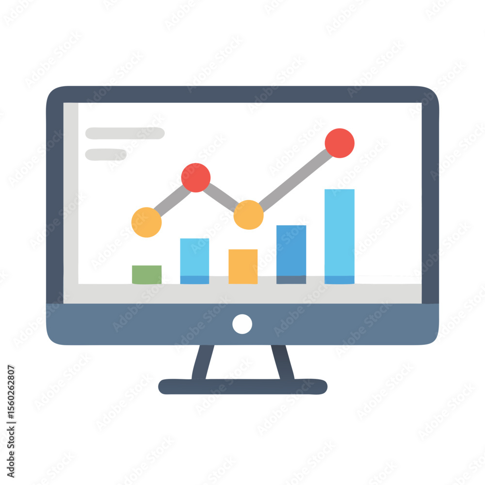 Poster simple flat style business graph on computer screen display illustration