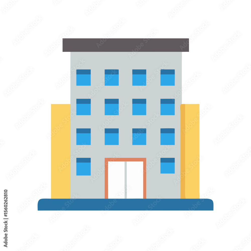 Poster simple flat style building with many windows and two side details icon