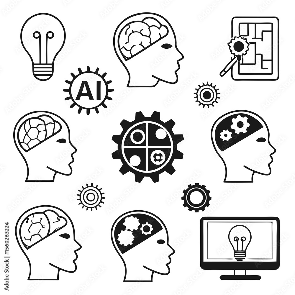 Poster artificial intelligence and human brain concept with gears lightbulb and computer screen in black an
