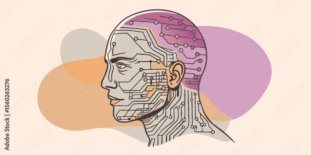 Poster abstract illustration of a humanoid head with circuitry representing artificial intelligence and tec