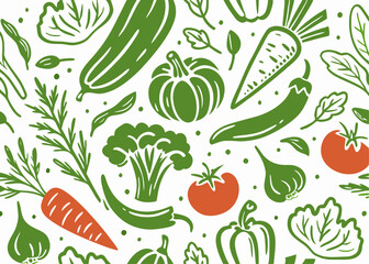 Green Vegetables Seamless Pattern: Broccoli, Carrots, Peppers Background