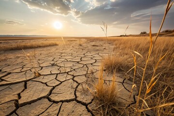 Dry cracked landscape and withered grass in wide-open field during drought