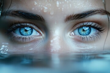 Close-up of eyes, reflecting a tranquil lake at dawn, hinting at introspection, with soft mist blurred in the background