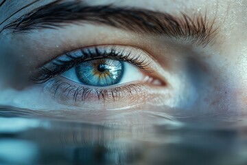 Close-up of eyes, reflecting a tranquil lake at dawn, hinting at introspection, with soft mist blurred in the background
