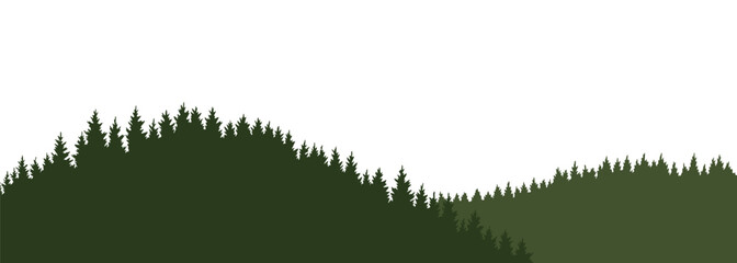 Obraz premium Mountains silhouettes landscape background. Rocky panorama with mountains skyline and pine tree forest. Scenery with slopes, vector cartoon illustration