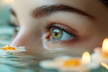 Close-up of eyes, reflecting a tranquil spa setting, hinting at relaxation, with soft candles and flowers blurred in the background