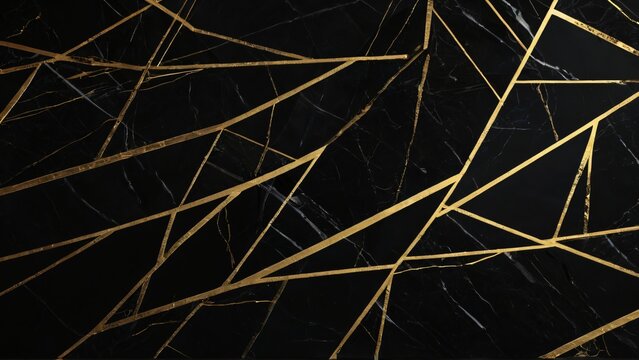 Abstract gold lines on a black marble background create an elegant and luxurious design