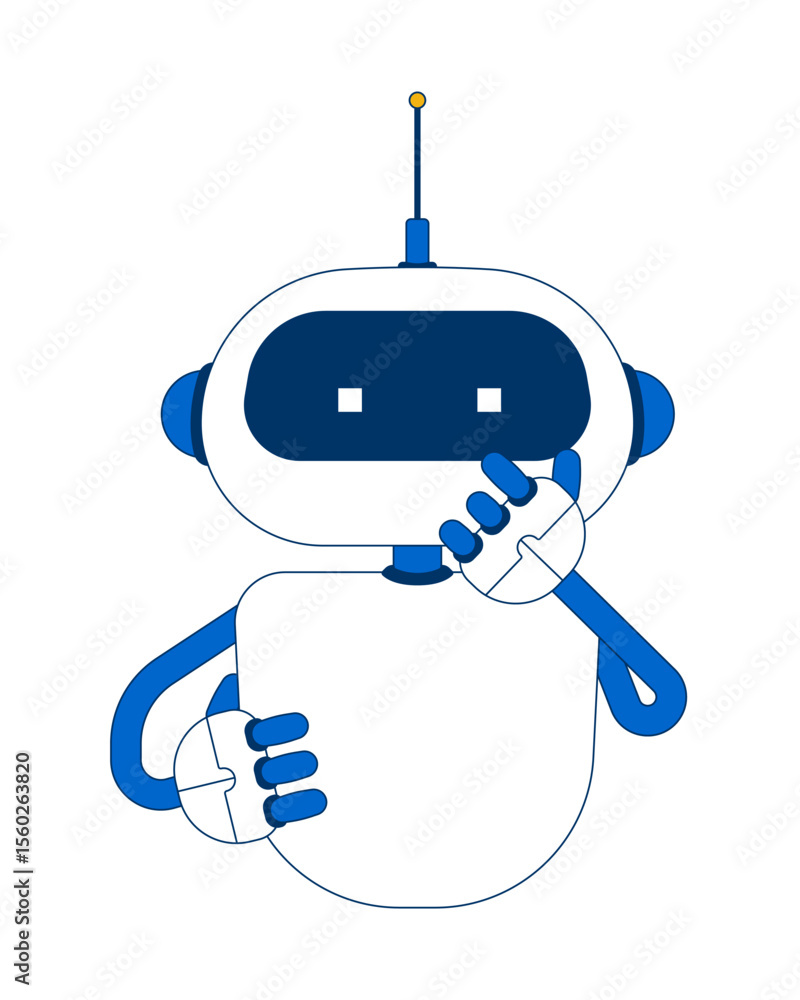 Aufkleber curious robot holding chin in thought 2d cartoon character. artificial intelligence, problem-solving
