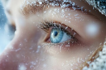 Close-up of eyes, reflecting a tranquil winter landscape, hinting at stillness, with softly falling snowflakes in the background