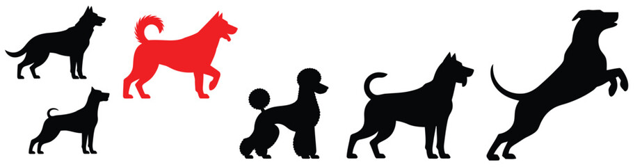 Silhouettes of Various Dog Breeds in Playful and Standing Poses