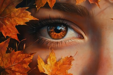 Close-up of eyes, reflecting autumn leaves and warm sunlight, conveying nostalgia, with a soft focus on the background