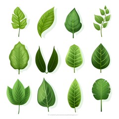 Collection of twelve diverse green leaves with detailed veins on a white background