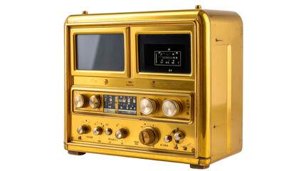 Vintage, portable, electronic device. Features a golden exterior, showing some signs of age 