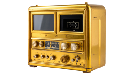 Vintage, portable, electronic device. Features a golden exterior, showing some signs of age 