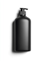 Black plastic pump bottle.  A matte black rectangular bottle with a pump top sits centered on a white background.  A subtle shadow highlights the bottle's form
