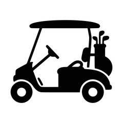 Simple black silhouette of a golf cart with clubs