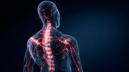 Human body with glowing red pain points on neural pathways illustrating pain or nerve stimulation, set against a dark blue background	