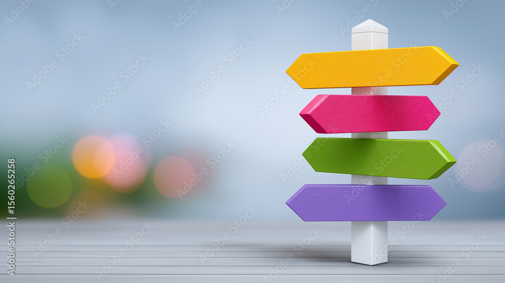 Poster colorful crossroads sign with arrows pointing in different directions. foggy soft background creates