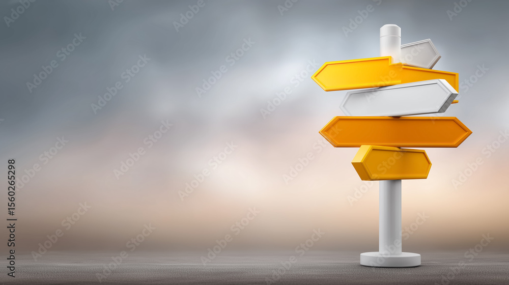 Poster illustration of crossroads sign displaying various arrows pointing in multiple directions. soft fogg