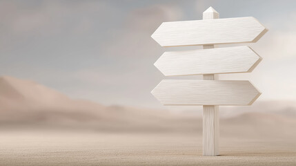 Crossroads sign featuring multiple arrows pointing in various directions symbolizes decision making and uncertainty. Soft foggy background adds depth to composition