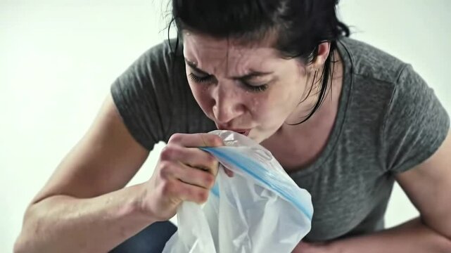 A woman visibly distressed and vomiting into a plastic bag, illustrating severe nausea or food poisoning.