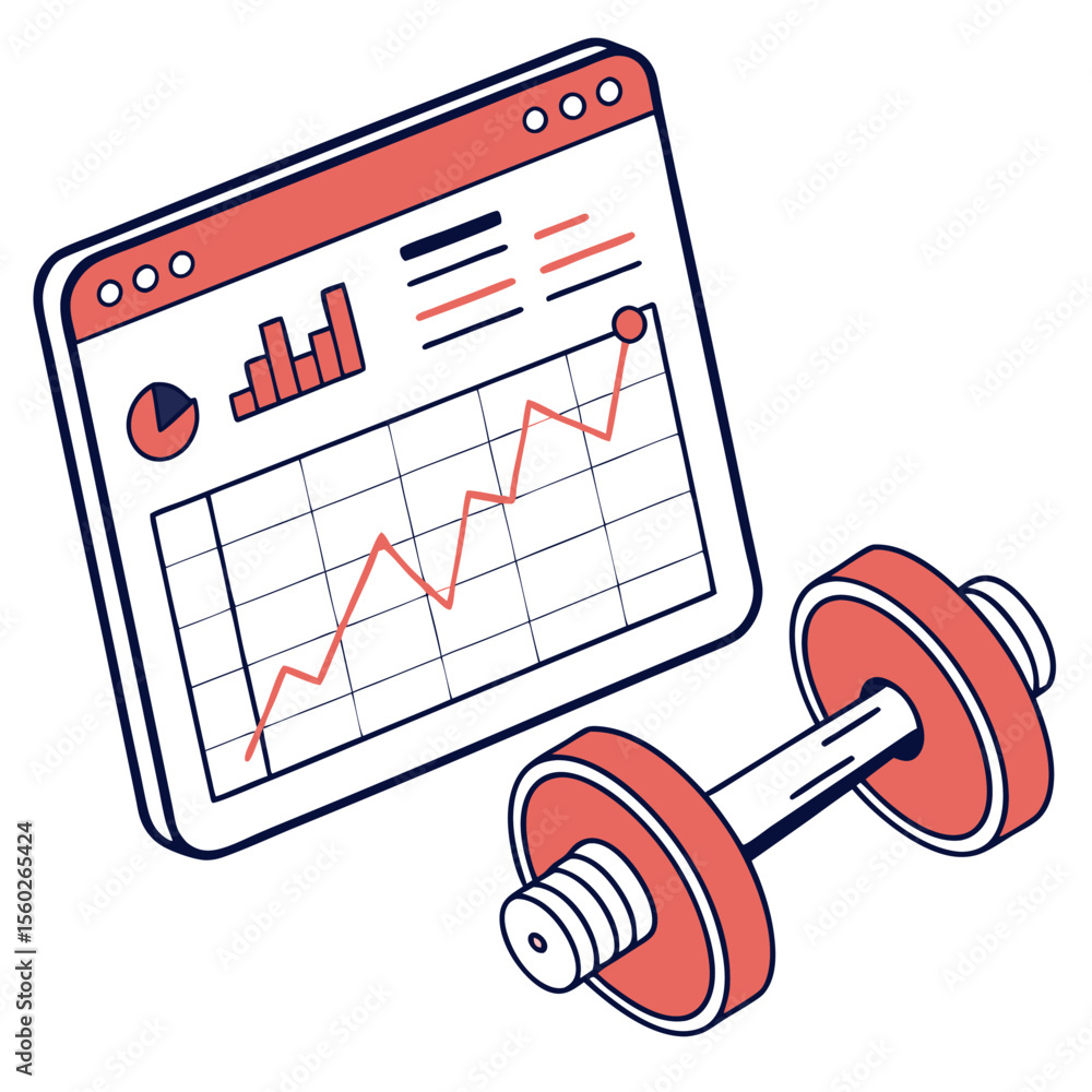 Poster isometric illustration of a screen displaying a chart next to a dumbbell representing health data