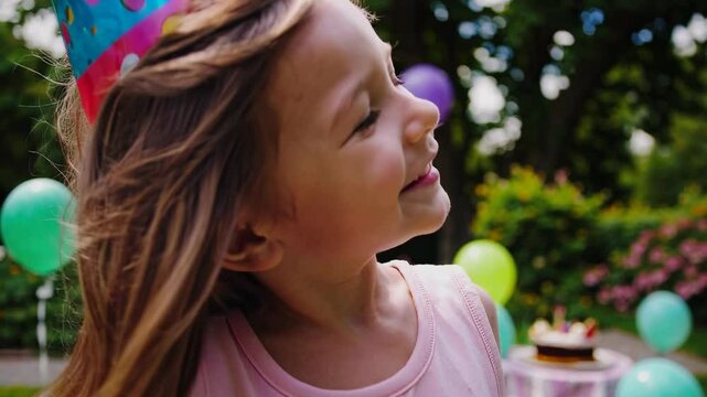 A young girl joyfully celebrates her birthday in a vibrant garden surrounded by balloons and delicious desserts. The cheerful atmosphere invites fun and joy among friends and family