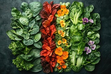 Collage of assorted leafy greens, including collard greens, Swiss chard, and bok choy, with a splash of color from edible flowers