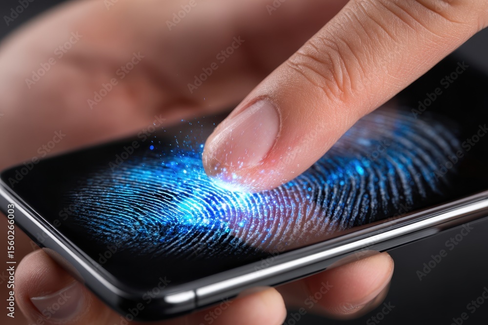 Poster user engages with a touchscreen device utilizing fingerprint recognition for security purposes