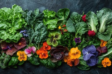 Collage of assorted leafy greens, including collard greens, Swiss chard, and bok choy, with a splash of color from edible flowers