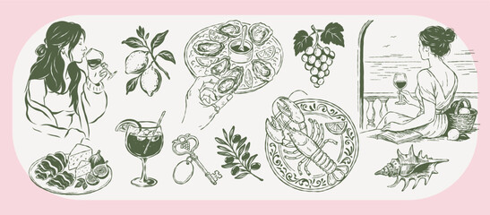 Collection of hand-drawn vintage summer illustrations with women, oysters, lobster, lemons, wine, cheese, olives, key, sea, and balcony. Mediterranean food and coastal holiday theme.