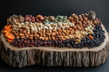 Collage of assorted nuts and dried fruits, arranged in a visually appealing way on a wooden platter