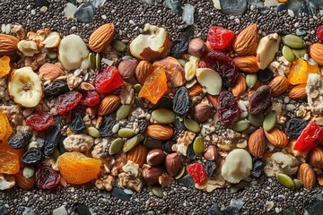 Collage of assorted nuts and seeds, including chia seeds, flaxseeds, and pumpkin seeds, mixed with dried fruits