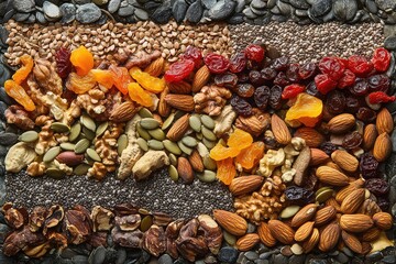 Collage of assorted nuts and seeds, including chia seeds, flaxseeds, and pumpkin seeds, mixed with dried fruits