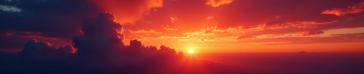 Obraz premium Fiery sunset, vibrant cloudscape, dramatic light, landscape, fiery