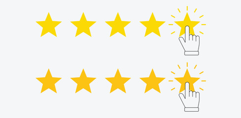 Five Star Customer Review Icons – Yellow Rating Symbols with Hand Cursor for Product Feedback, Website and App UI Design, Transparent PNG and Editable Vector Illustration”
