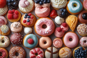 Collage of assorted pastries and desserts, including donuts, eclairs, and cupcakes, beautifully arranged