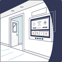 A hallway interior with an open door, a control panel on the wall, and recessed lighting overhead view