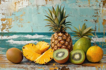 Collage of assorted tropical fruits, including kiwi, pineapple, and mango, with a beach-themed background