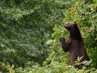 Fototapeta premium Brown Bear Standing on Hind Legs Among Lush Greenery and Berries