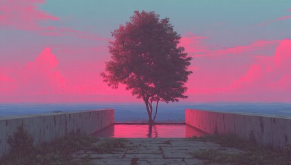 Lonely tree at sunset, surreal scene