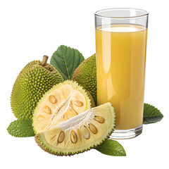 Slice of jackfruit and glass of jackfruit juice isolated on transparent background